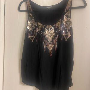 Express Black Tank Top with Gold Sequin Design